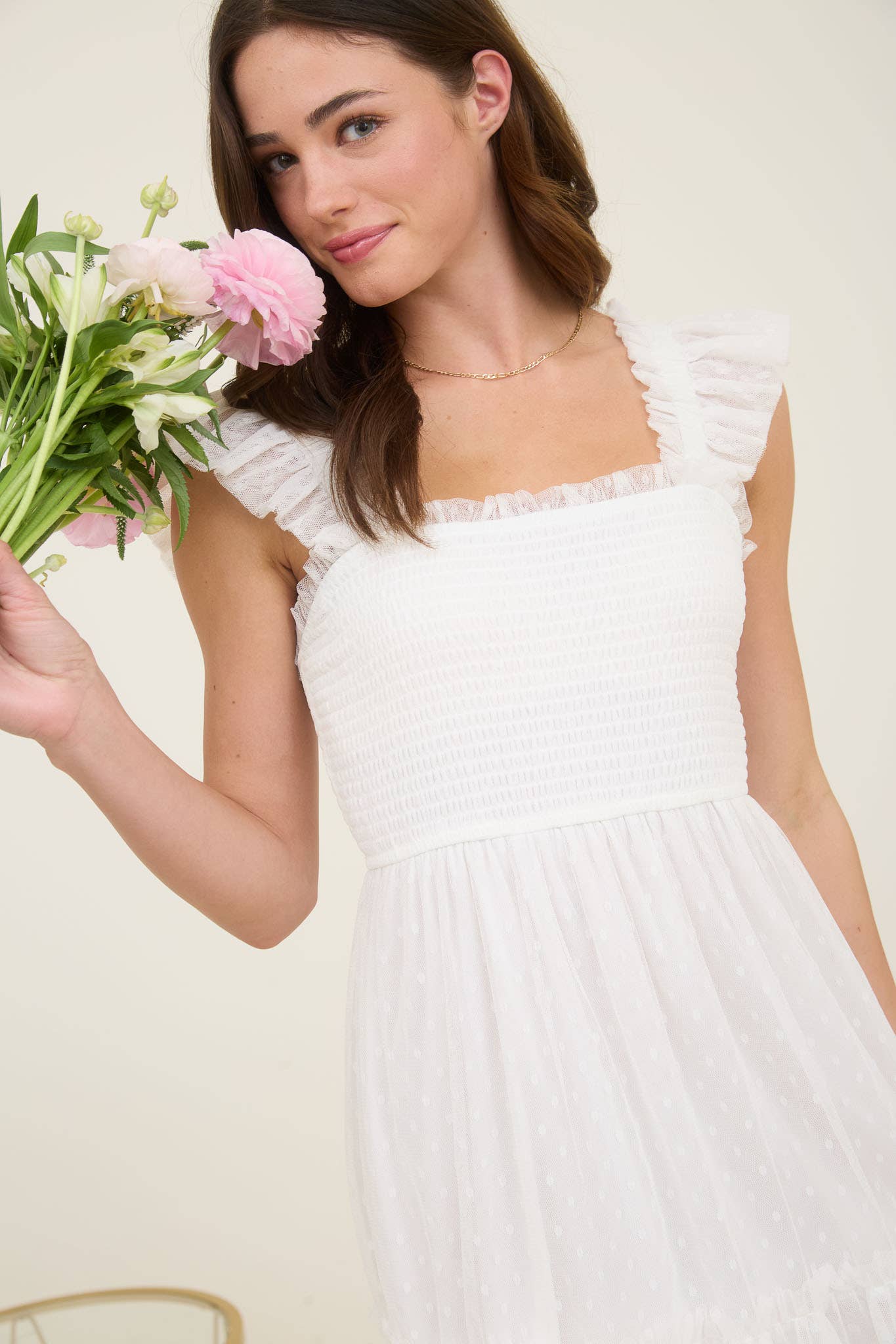 Polka Dot Chiffon Ruffle Dress in White