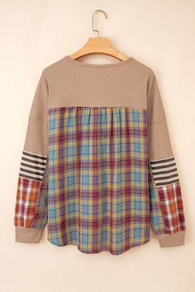 Waffle Stripe Plaid Patchwork Henley Knit Top
