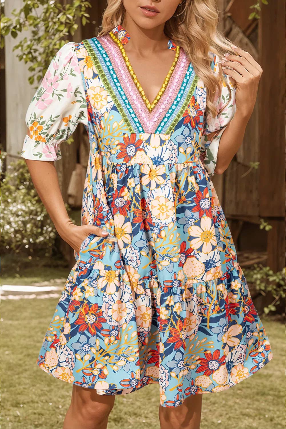 Boho Floral Crochet V Neck Ruffle Layer Dress
