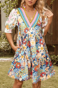 Boho Floral Crochet V Neck Ruffle Layer Dress