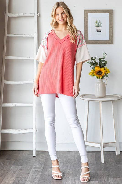 Waffle V Neck Floral Sleeve Top in Coral