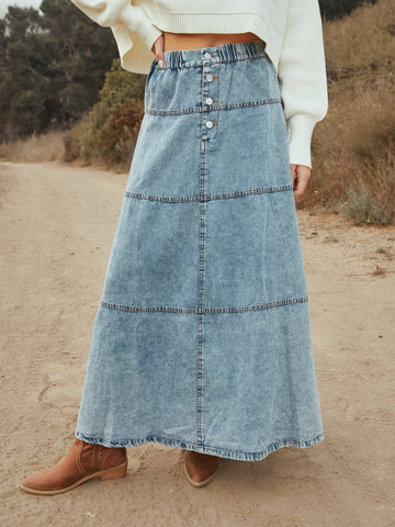 Layered Patchwork Denim Maxi Skirt