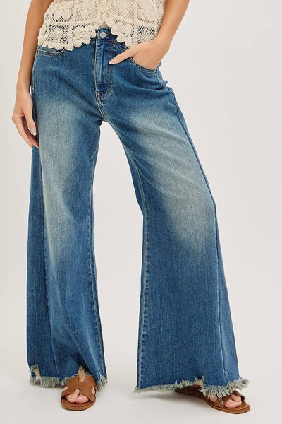 Mid Rise Wide Leg Frayed Hem Denim