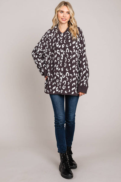 Leopard Hoodie Cardigan in Charcoal