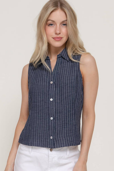 Sleeveless Striped Linen Effect Shirt in Navy