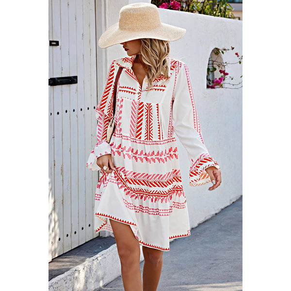 Geometric Printed Bell Ruffle Sleeve Button Dress