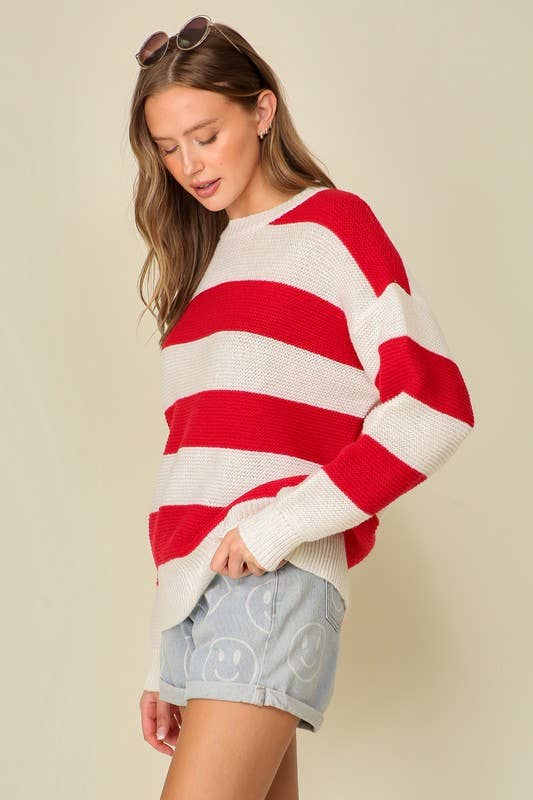 Game Day Stripe Sweater in White/Red