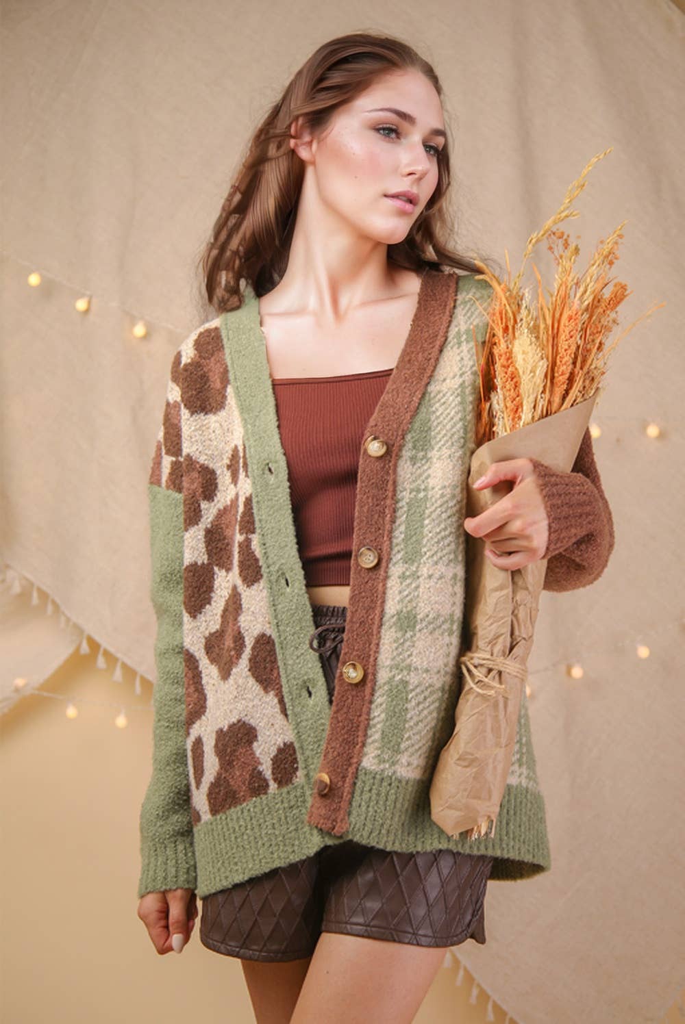 Leopard & Plaid Graphic Knit Sweater Cardigan