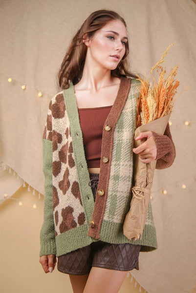 Leopard & Plaid Graphic Knit Sweater Cardigan