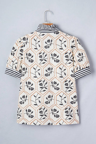 Floral Print Striped Button Neck Short Sleeve Blouse