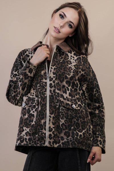 Leopard Printed Washed Twill Cotton Jacket