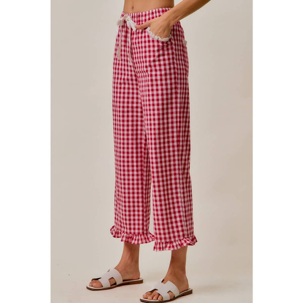 Ruffled Bottom Gingham Pants with Lace Trim in Red