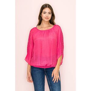 Crochet Lace Sleeve and Bubble Hem Top in Honey Suckle Pink