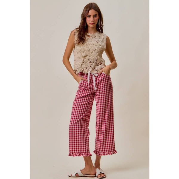 Ruffled Bottom Gingham Pants with Lace Trim in Red