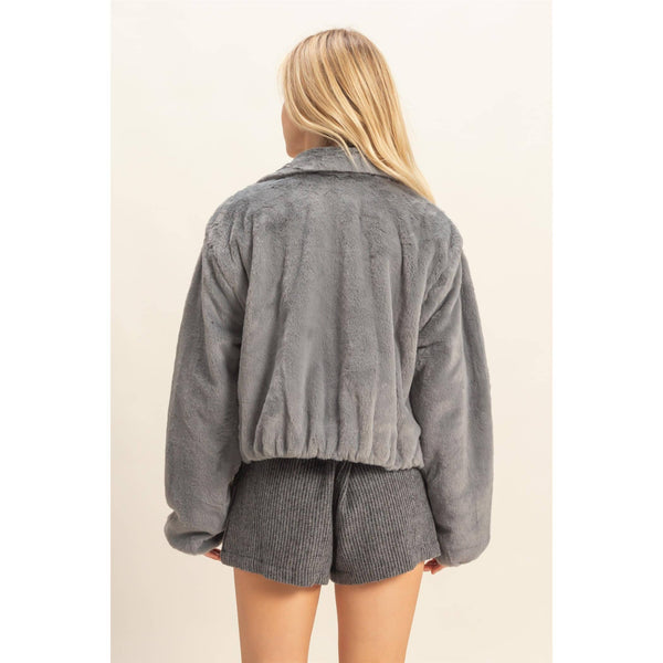 Faux Fur Zip Up Jacket With Plush Collar