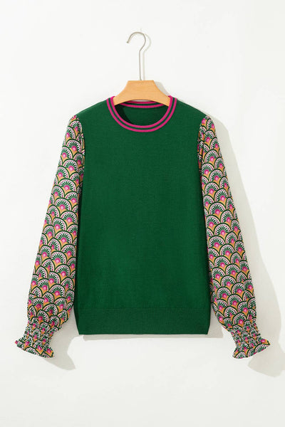 Floral Patchwork Shirred Cuff Puff Sleeve Sweater
