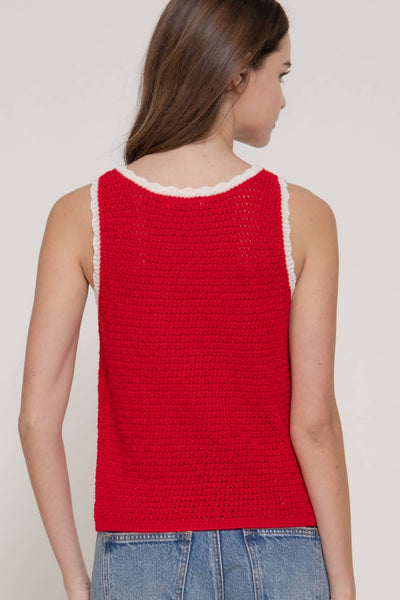 Sleeveless Sweater with Contrasting Edges & Jacquard Detail in Red