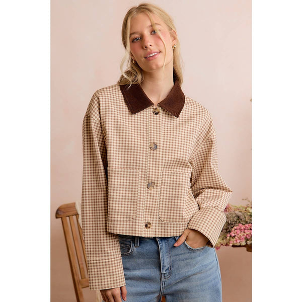 Cropped Gingham Jacket with Corduroy Collar