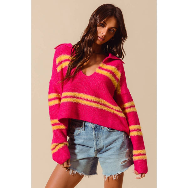 Fuzzy Striped V Neck Sweater in Fuchsia/Lemon Yellow