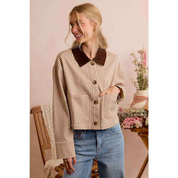 Cropped Gingham Jacket with Corduroy Collar
