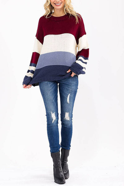 Burgundy Denim Color Block Sweater