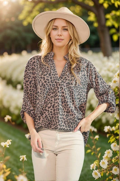 Ribbed Three Quarter Sleeve Leopard Top in Mocha/Black