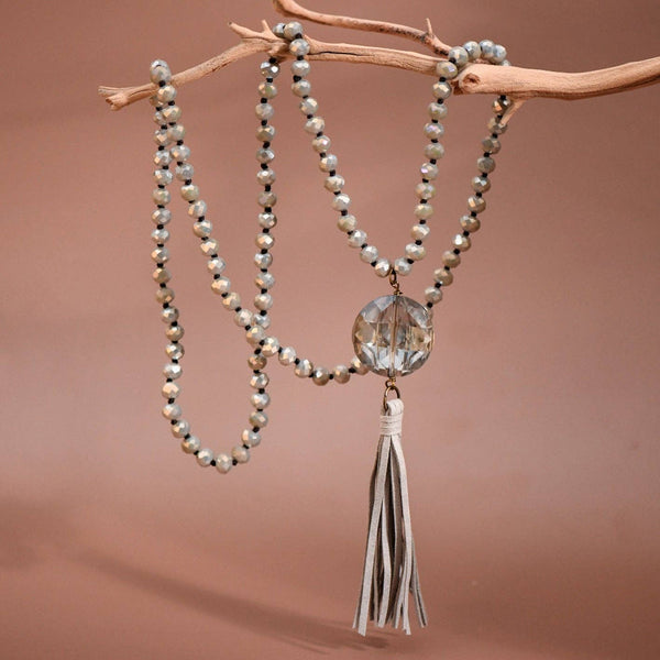 Glass Crystal Pendant Beaded Necklace with Tassel