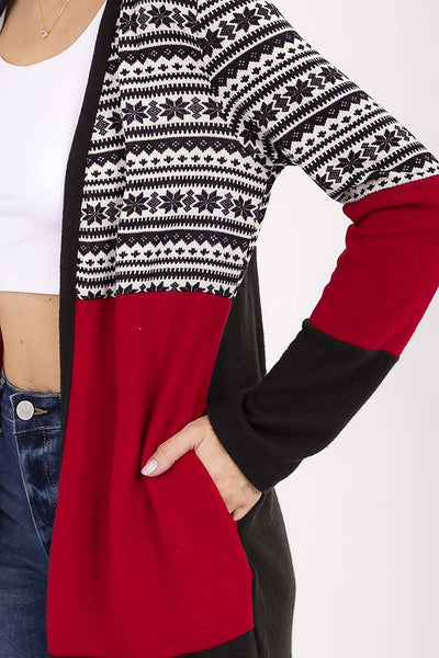 Snowflake Contrast Color Block Long Cardigan