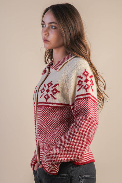 Graphic Collared Knit Sweater Cardigan