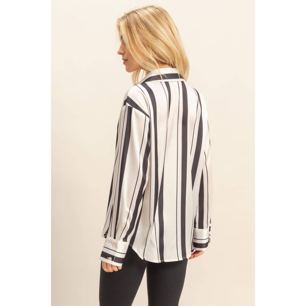 Versatile Striped Silhouette Button-Down Shirt in Black