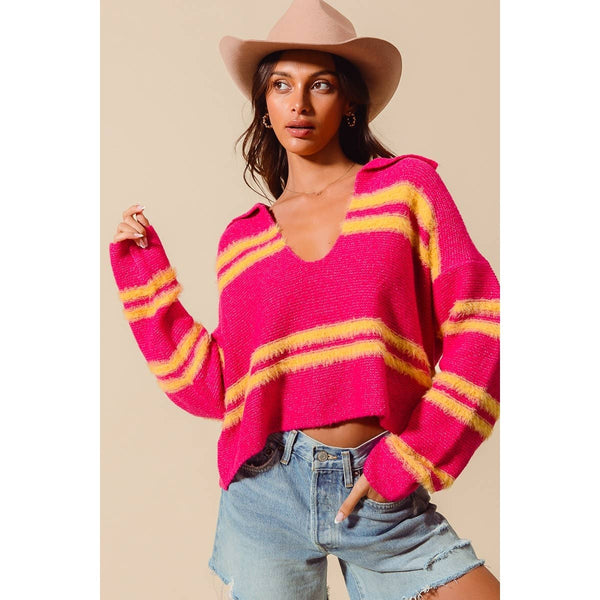 Fuzzy Striped V Neck Sweater in Fuchsia/Lemon Yellow