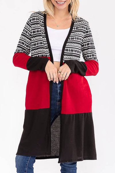 Snowflake Contrast Color Block Long Cardigan