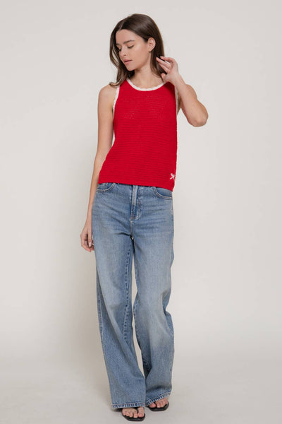 Sleeveless Sweater with Contrasting Edges & Jacquard Detail in Red