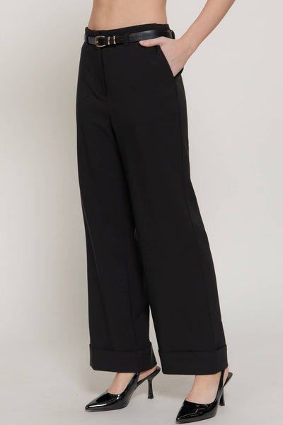 Belted Straight Pants with Cuffed Hem in Black