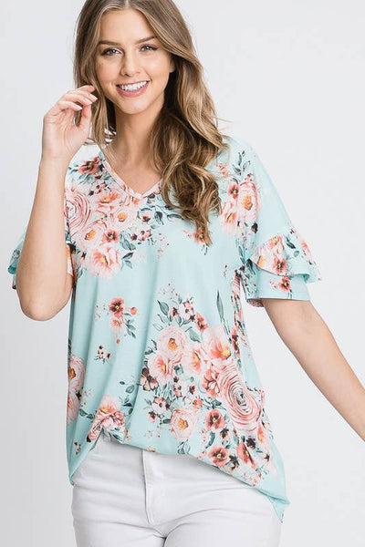 V Neck Floral Top with Ruffle Sleeve