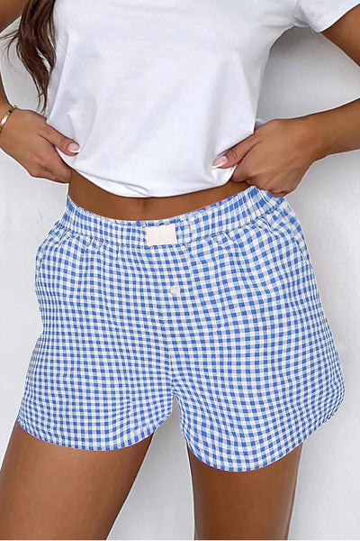 Gingham Printed High Waist Shorts in Blue