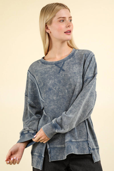 Front Seam Mineral Washed French Terry Oversized Top in Denim