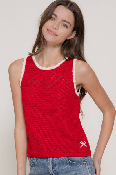 Sleeveless Sweater with Contrasting Edges & Jacquard Detail in Red