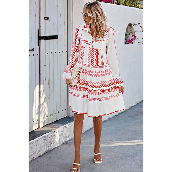 Geometric Printed Bell Ruffle Sleeve Button Dress