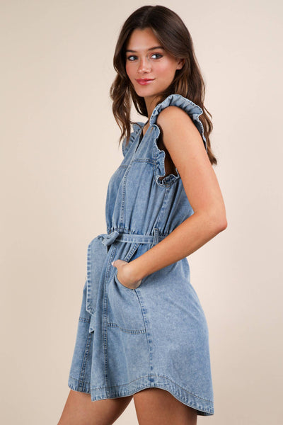 Washed Chambray Ruffle Detail Mini Dress