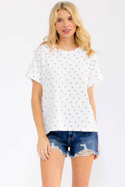 Polka Dot Banded Short Sleeve Top in White/Navy
