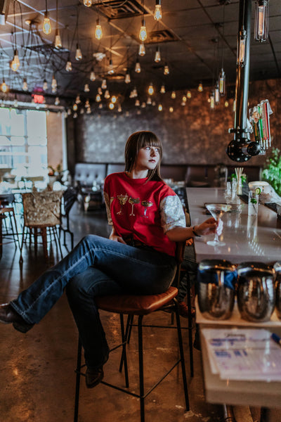 Cocktail Time Tee with Glitter Sleeves in Red