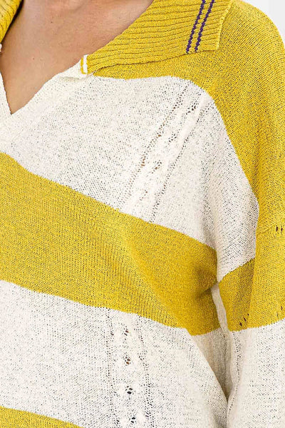 Collared V Neck Striped Sweater in Mustard