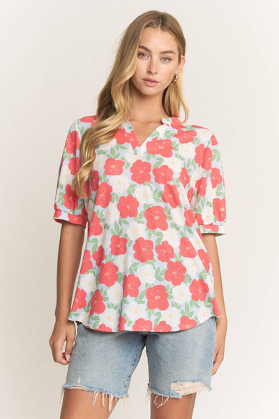 Floral Puff Sleeve Split Neck Top