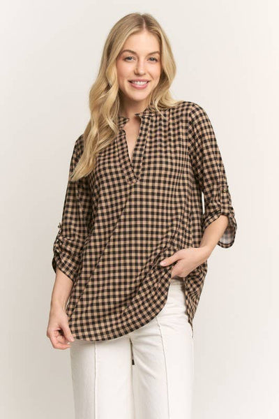 Gingham Checked Three Quarter Sleeve Top