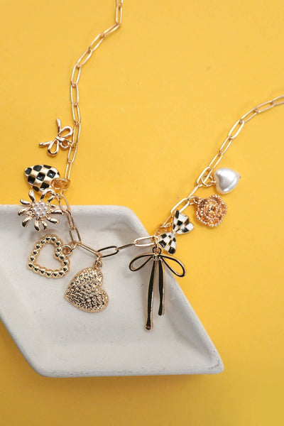 Charm Necklace with Bow, Heart, Flower in Gold