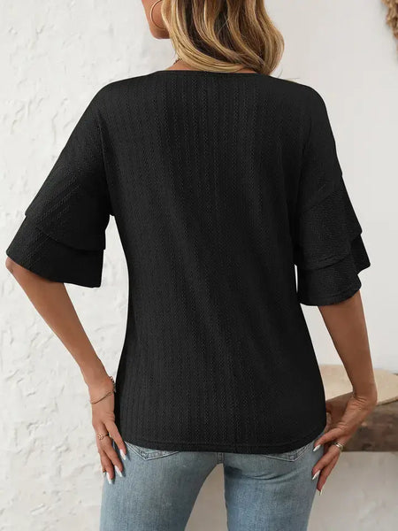 Textured V Neck Ruffle Sleeve Top