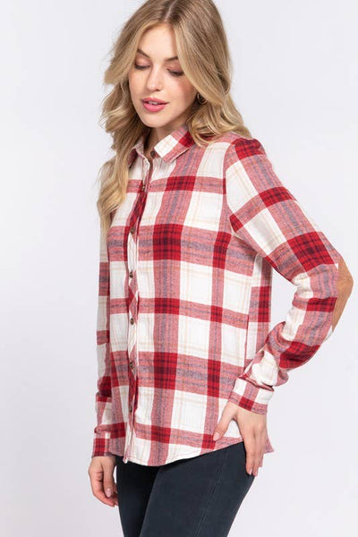 Plaid Shirt with Suede Patch in Red/Ivory