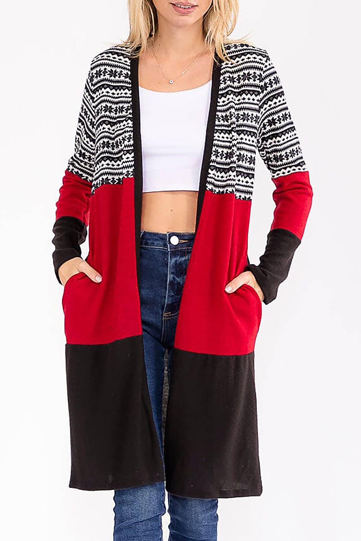Snowflake Contrast Color Block Long Cardigan