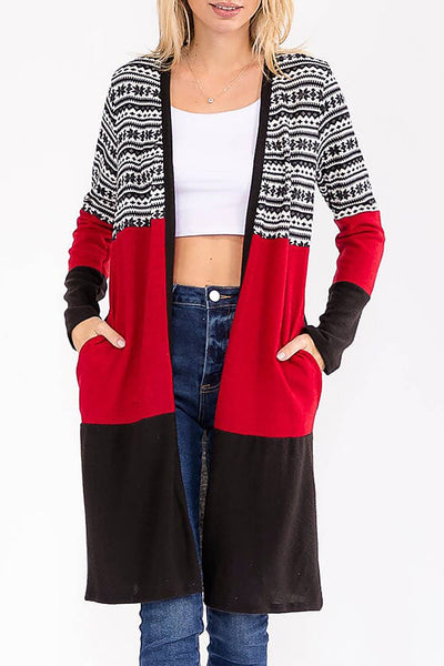 Snowflake Contrast Color Block Long Cardigan